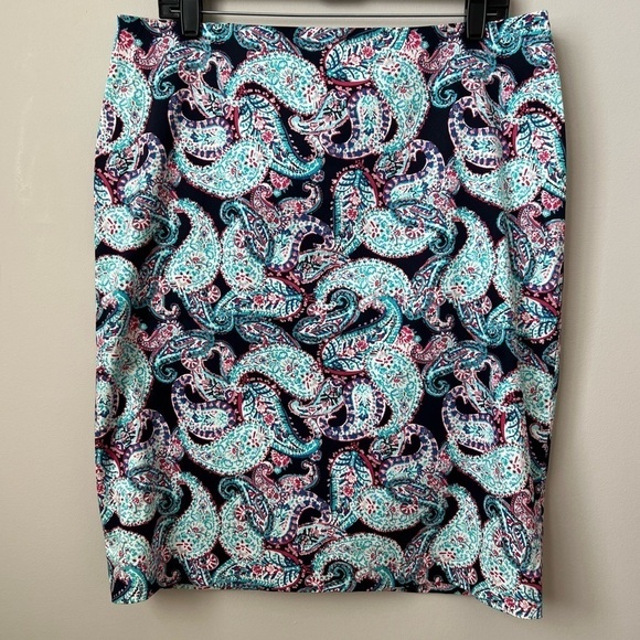 Talbots Paisley Cotton Blend Skirt Blue Knee Length Back Zip Stretch Sz 14 - Picture 1 of 7